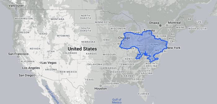 Ukraine compared to the US — it fits into the area between Chicago, West Virginia, New York, and Toronto