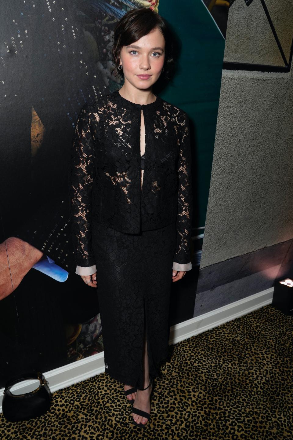Cailee Spaeny, Christian Louboutin, sandals, black sandals, feather sandals, Golden Globe Awards, Golden Globes, celebrity red carpet, parties, events, W, W Magazine 