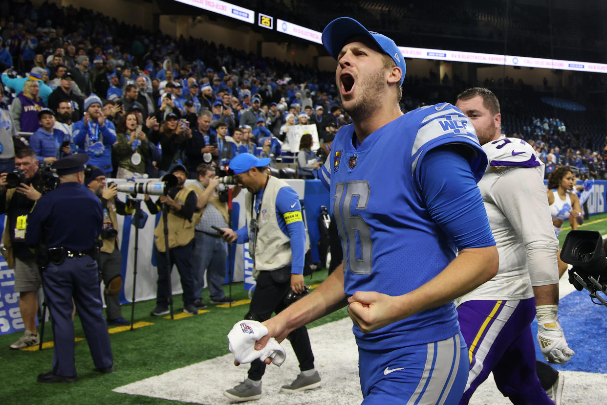 How many more victories will Jared Goff be celebrating with the Detroit Lions? (Photo by Mike Mulholland/Getty Images)