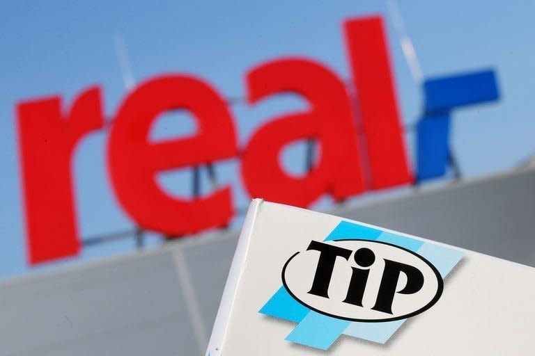 The logo of German supermarket chain "Real" pictured along with the logo of its own food brand "TiP" in Hamburg, northern Germany, on February 14, 2013. Germany's Real supermarket said tests on Wednesday had "found traces of horsemeat" adding there had been "at no time evidence of a hygiene risk for consumers"