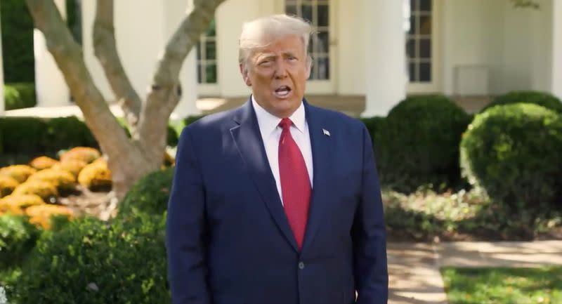 U.S. President Donald Trump makes an announcement about his treatment for coronavirus disease (COVID-19), in Washington