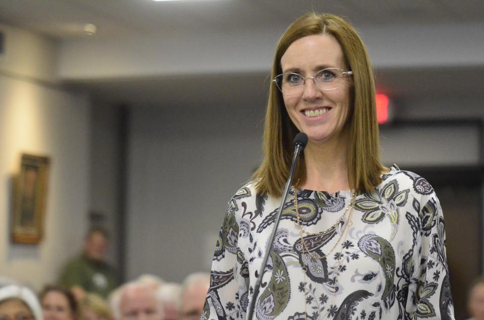 Melissa Vance, president and CEO of the Wayne County Area Chamber of Commerce, speaks in support of a proposed housing development off South 37th Street in the east side of Richmond at Monday night's Richmond Common Council meeting, April 15, 2024.