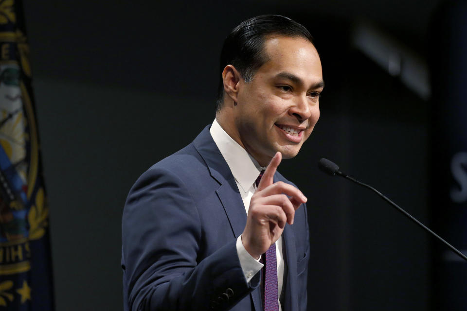 In this Jan. 16, 2019, photo, Julian Castro, former U.S. Secretary of Housing and Urban Development and candidate for the 2020 Democratic presidential nomination, speaks at Saint Anselm College in Manchester, N.H. (AP Photo/Mary Schwalm)