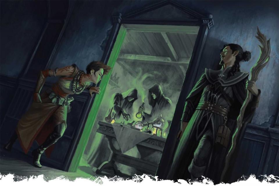 An illustration of two rogues in Dungeons & Dragons peeking around a door into a potions room