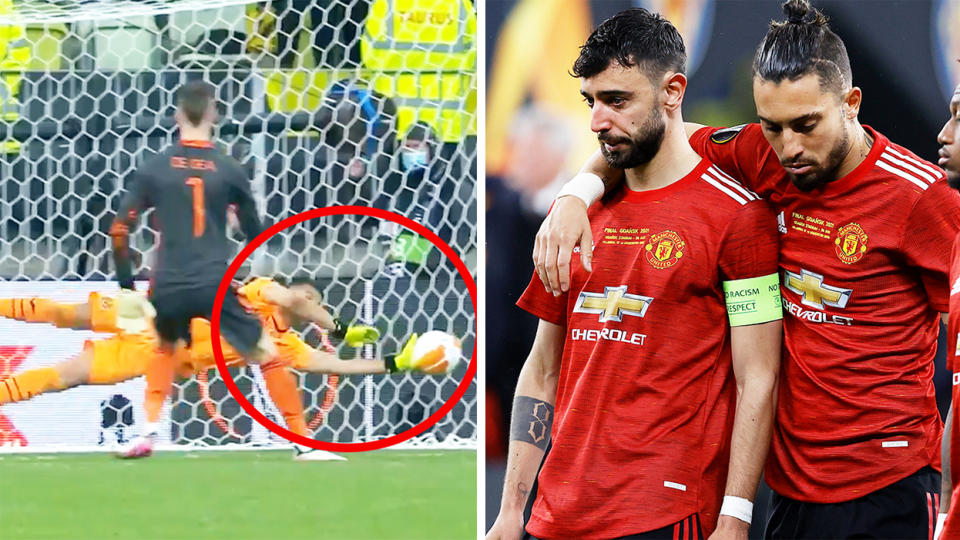 Manchester United players (pictured right) upset after David De Gea's (pictured left) missed penalty handed Villarreal the Europa League Final.