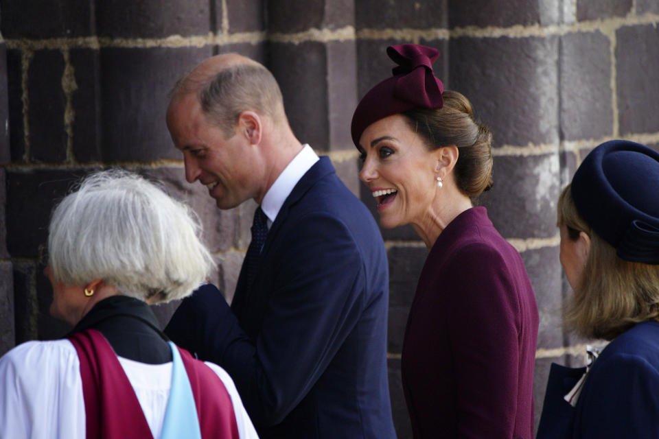 Britain's Prince William, left, and Kate, Princess of Wales, arrive at St Davids Cathedral for a commemoration on the first anniversary of Queen Elizabeth's death, in St. Davids, Wales, Britain, Friday, Sept. 8, 2023. (Ben Birchall/PA via AP)