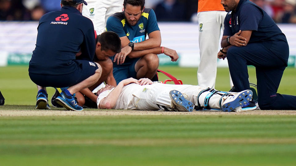 Steve Smith, pictured here after was felled by a nasty bouncer. (Photo by John Walton/PA Images via Getty Images)