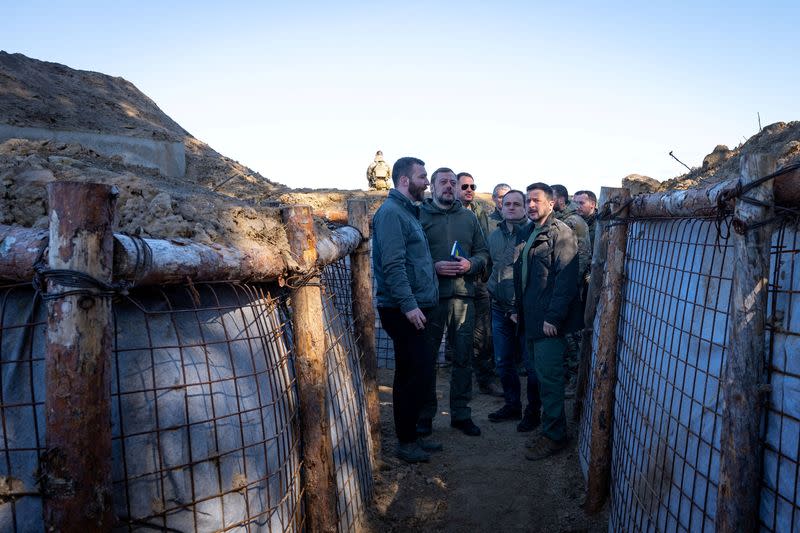 Ukraine's President Zelenskiy inspects new fortifications for Ukrainian servicemen in Chernihiv region