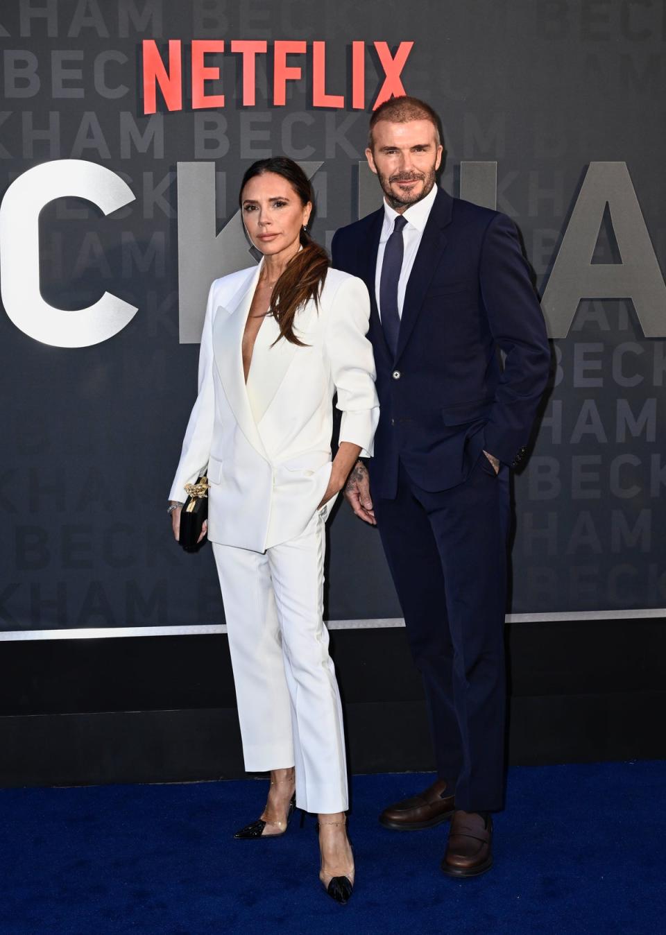 The pair wear classic tailoring at the Beckham premiere in London (Gareth Cattermole/Getty Images)