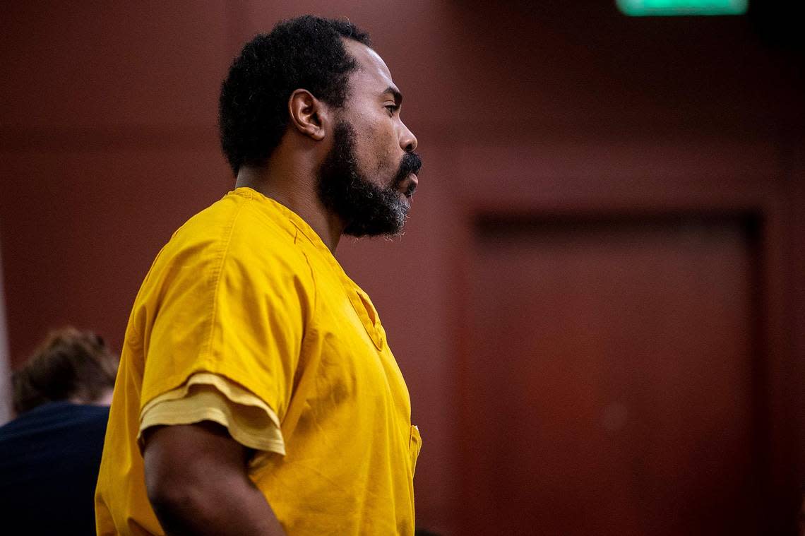 Dhante Jackson, 34, of Hayward, appears before Judge Steven Slocum at the Merced County Superior Courthouse in Merced, Calif. on Wednesday, Sept. 21, 2022. Jackson is accused of murder and felony child abuse in connection with the death of 8-year-old Sophia Mason.