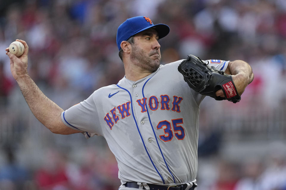 New York Mets starting pitcher Justin Verlander works against the Atlanta Braves during the first inning of a baseball game Thursday, June 8, 2023, in Atlanta. (AP Photo/John Bazemore)