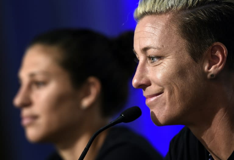 USA forward Abby Wambach speaks during a press conference in Vancouver, on July 3, 2015, two days ahead of their FIFA Women's World Cup final match against Japan