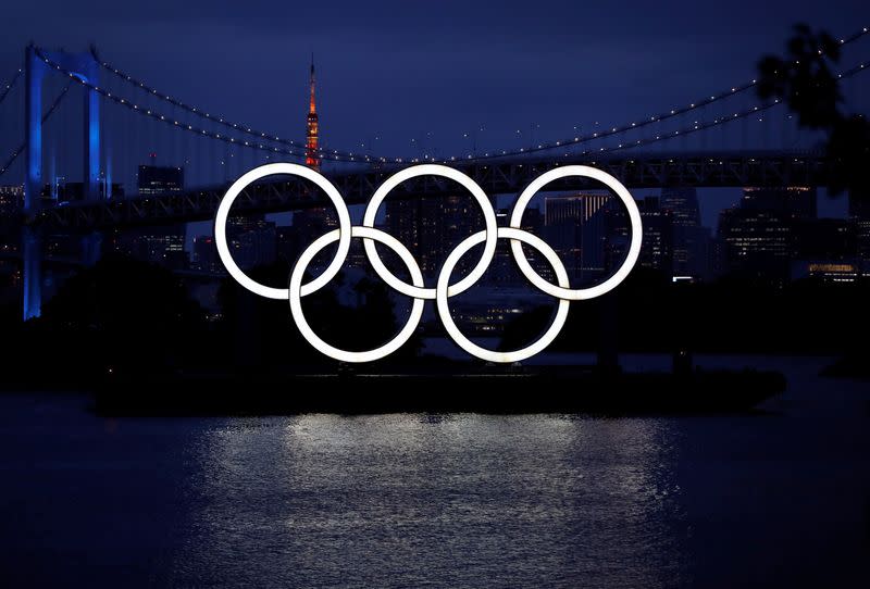 The giant Olympic rings are pictured, in Tokyo