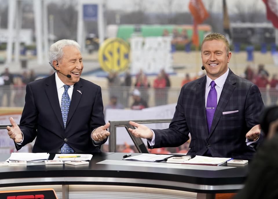 Lee Corso and Kirk Herbstreit at ESPN's "College GameDay" during a game between the Georgia Bulldogs and LSU Tigers at Mercedes Benz Stadium on Dec.7, 2019 in Atlanta, Georgia. (Steve Limentani/ISI Photos/Getty Images)