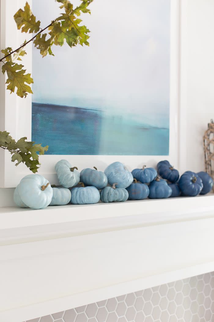 coastal pumpkins fall mantel decor