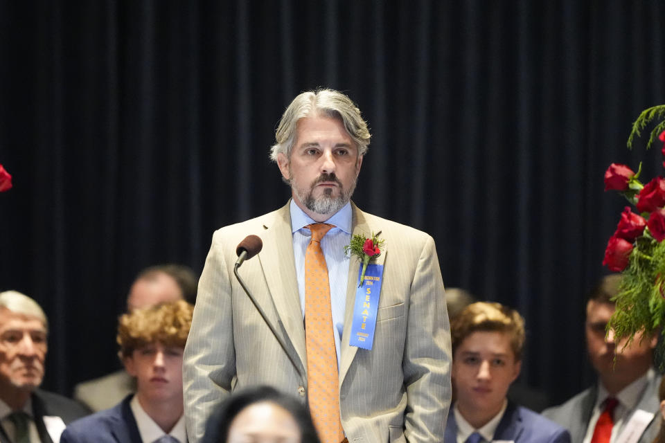 Senate President Cameron Henry takes to the mike during the swearing in of the Louisiana state legislature in Baton Rouge, La., Monday, Jan. 8, 2024. (AP Photo/Gerald Herbert, Pool)