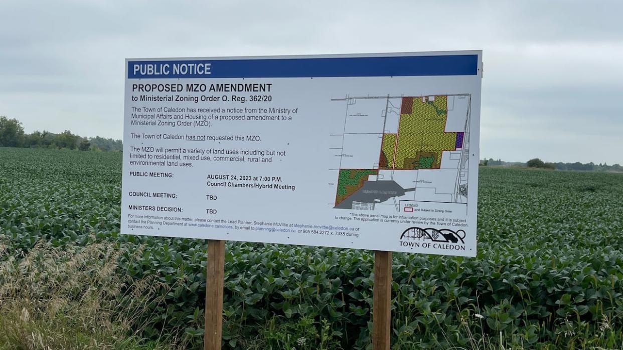 A sign informs the public of a proposed amendment to a ministerial zoning order in Caledon, Ont. (Patrick Morrell/CBC News - image credit)