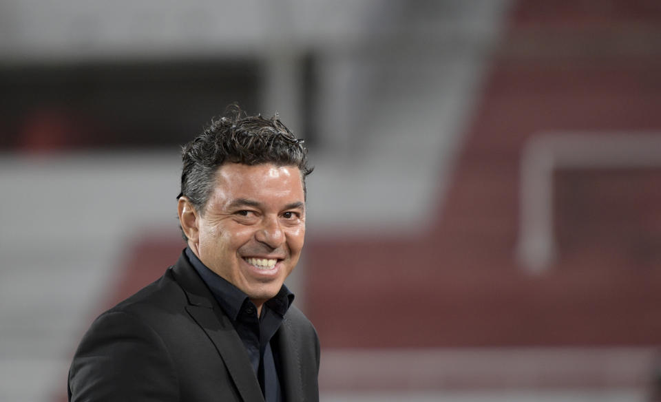 El técnico de River Plate Marcelo Gallardo previo al partido contra Liga de Quito por la Copa Libertadores, el martes 20 de octubre de 2020, en Buenos Aires. (Juan Mabromata/Pool vía AP)