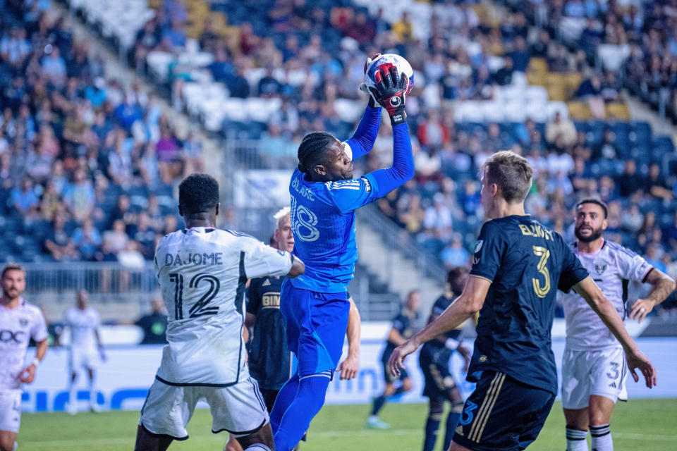 CHESTER, PA - AUGUST 03: Philadelphia Union goalkeeper Andre Blake (18) leaps for a ball during the Leagues Cup game between D.C.United and the Philadelphia Union on August 3, 2023, at Subaru Park in Chester, NJ. (Photo by Andy Lewis/Icon Sportswire via Getty Images)