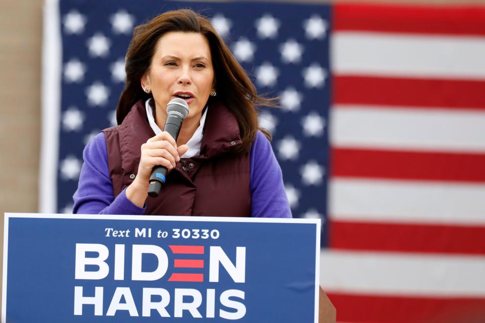 Michigan Governor Gretchen Whitmer talks as Democratic vice presidential nominee Senator Kamala Harris (D-CA) takes part in a campaign stop at IBEW Local 58 on October 25, 2020 in Detroit, Michigan. (Jeff Kowalsky/AFP via Getty Images)