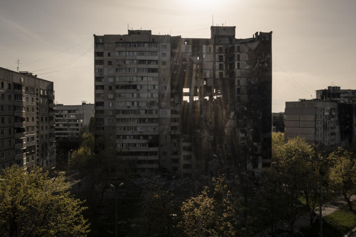 FILE - A building heavily damaged by multiple Russian bombardments stands near a frontline in Kharkiv, Ukraine, Monday, April 25, 2022. Ukraine&#39;s second-largest city, has been under sustained Russian attack since the beginning of the war in late February. (AP Photo/Felipe Dana, File)