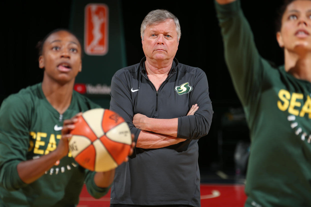 WASHINGTON D.C - SEPTEMBER 11: Dan Hughes of the Seattle Storm looks on at practice and media availability during the 2018 WNBA Finals on September 11, 2018 at George Mason University in Washington D.C. NOTE TO USER: User expressly acknowledges and agrees that, by downloading and/or using this Photograph, user is consenting to the terms and conditions of Getty Images License Agreement. Mandatory Copyright Notice: Copyright 2018 NBAE (Photo by Ned Dishman/NBAE via Getty Images)