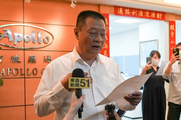 Hsu Ching-kuang speaking to reporters on September 18 when he denied his Gold Apollo company had anything to do with the exploding Hezbollah pagers (Yan ZHAO)