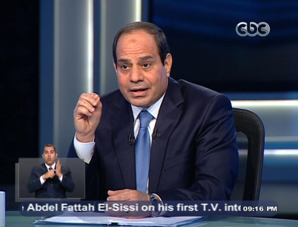 In this image made from video broadcast on Egypt's State Television, Egypt's retired Field Marshal Abdel-Fattah el-Sissi listens to a question during an interview in a nationally televised program in Cairo, Egypt, Monday, May 5, 2014. Former army chief Abdel-Fattah el-Sissi said that he decided to run for president of Egypt because of the "threats" facing the country, speaking in the first TV interview of his campaign. (AP Photo/Egypt's State Television)