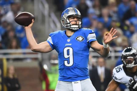 Nov 26, 2015; Detroit, MI, USA; Detroit Lions quarterback Matthew Stafford (9) drops back to pass during the first quarter of a NFL game on Thanksgiving against the Philadelphia Eagles at Ford Field. Mandatory Credit: Tim Fuller-USA TODAY Sports