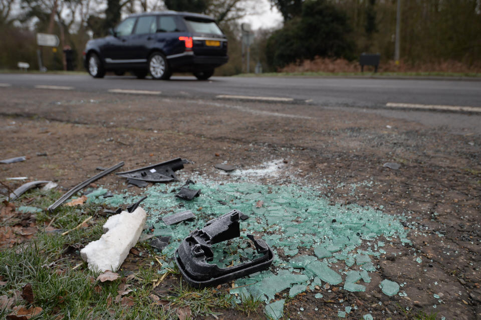 Broken glass and car parts on the side of the A149 near to the Sandringham Estate where the Duke of Edinburgh was involved in a road accident in January while driving.&nbsp; (Photo: John Stillwell - PA Images via Getty Images)