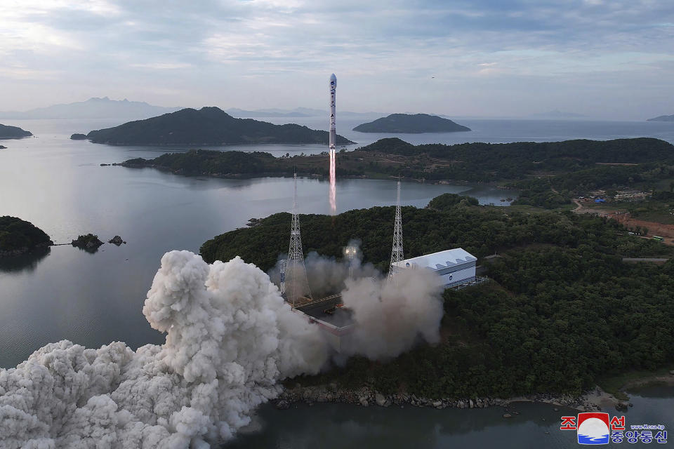 This photo provided by the North Korean government, shows what it says a launch of the newly developed Chollima-1 rocket carrying the Malligyong-1 satellite at the Sohae Satellite Launching Ground Wednesday, May 31, 2023. Independent journalists were not given access to cover the event depicted in this image distributed by the North Korean government. The content of this image is as provided and cannot be independently verified. Korean language watermark on image as provided by source reads: "KCNA" which is the abbreviation for Korean Central News Agency. (Korean Central News Agency/Korea News Service via AP)