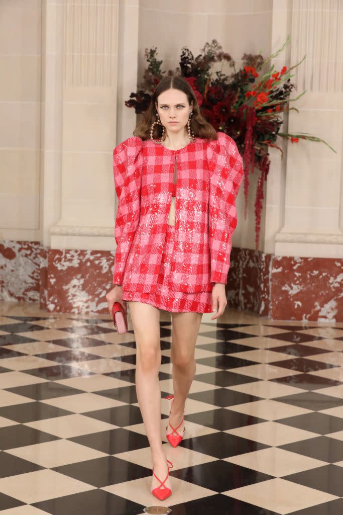 Sequined pink-and-red gingham at Carolina Herrera. - Credit: WWD