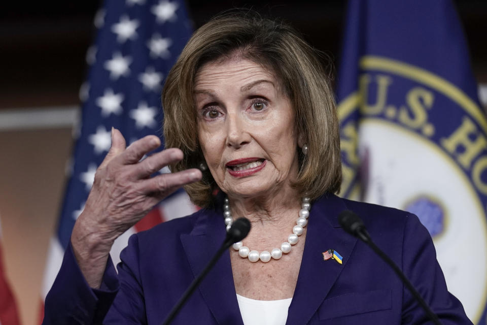 FILE - Speaker of the House Nancy Pelosi, D-Calif., speaks at a news conference as Democrats push to bring the assault weapons ban bill to the floor for a vote, at the Capitol in Washington, Friday, July 29, 2022. On Friday, Aug. 5, The Associated Press reported on stories circulating online incorrectly claiming a congressional bill to ban certain semi-automatic weapons would “turn 150 million Americans into felons overnight.”(AP Photo/J. Scott Applewhite)