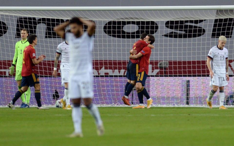 Spain's midfielder Mikel Oyarzabal (CR) celebrates after scoring his team's sixth goal during the UEFA Nations League footbal match between Spain and Germany - AFP