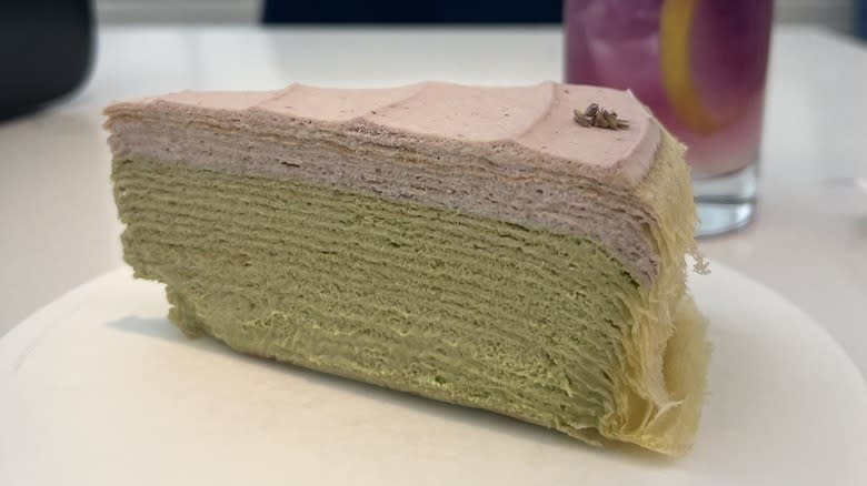 lavender and matcha cake slice 