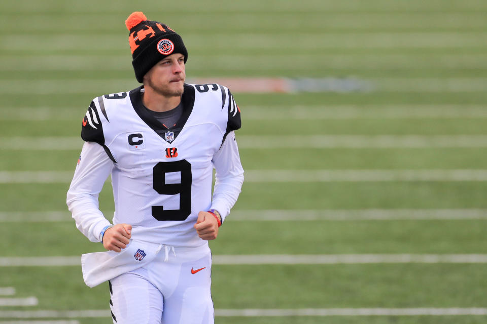 CINCINNATI, OH - NOVEMBER 01: Cincinnati Bengals quarterback Joe Burrow (9) runs off the field after the game against the Tennessee Titans and the Cincinnati Bengals on November 1, 2020, at Paul Brown Stadium in Cincinnati, OH. (Photo by Ian Johnson/Icon Sportswire via Getty Images)