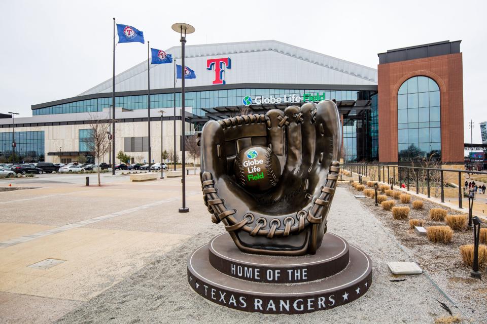 A statue of a glove is pictured before the game between Texas Tech and Arizona during the State Farm College Baseball Showdown on Sunday, Feb. 20, 2022, at Globe Life Field in Arlington, Texas.