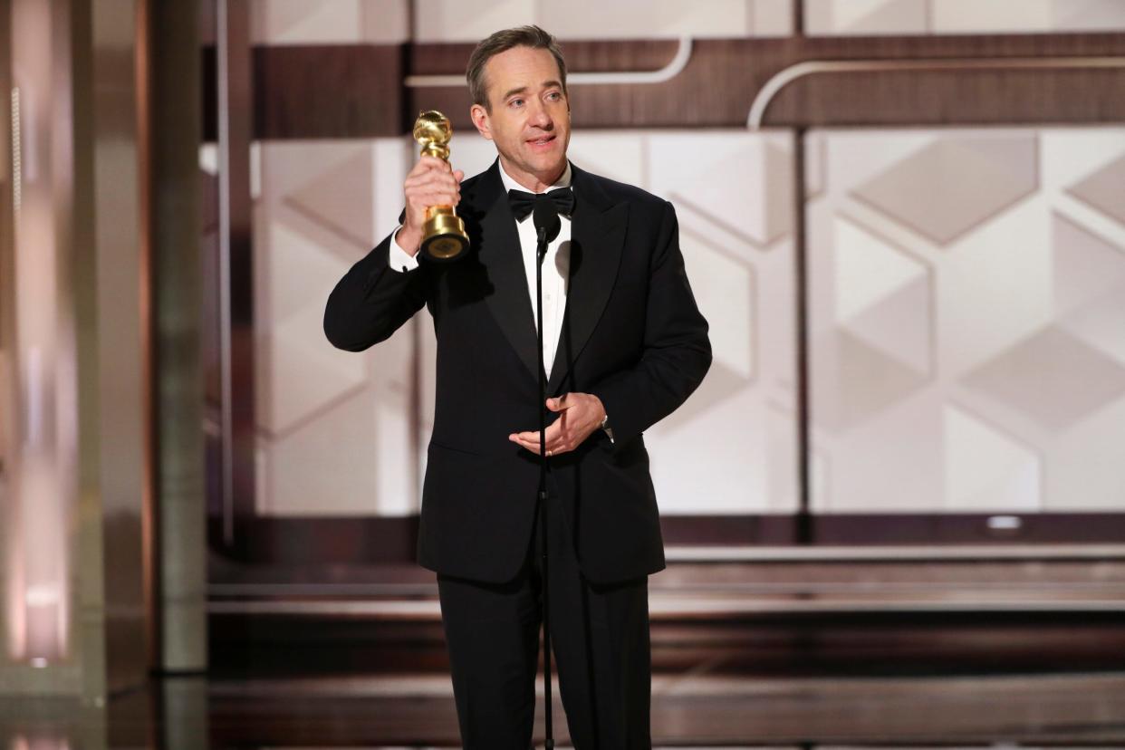 Matthew Macfadyen accepts the award for best performance by a male actor in a supporting role on television for "Succession." Macfadyen called his character, Tom Wambsgans a "weird and wonderful human grease stain."