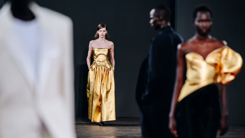 The show's closing looks were a sculpted gold corset and corset dress. The coated leather fabrication appeared both like the cast and molten metal simultaneously. - Nina Westervelt/WWD/Getty Images