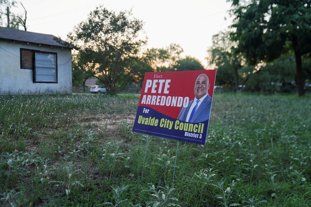 A political sign for Pete Arredondo, the Uvalde School District police chief, who was elected to the City Council on May 7. (Reuters)