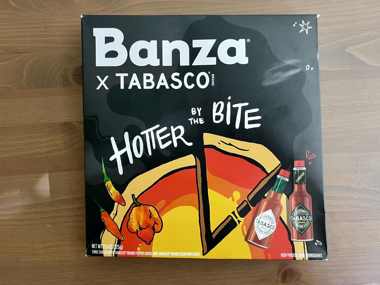 Banza frozen pizza with Tabasco