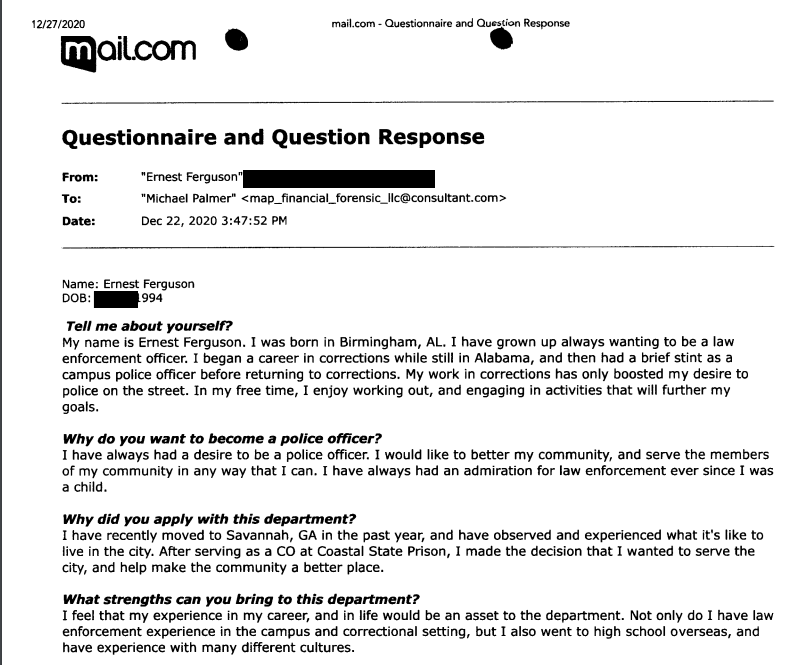 In a questionnaire and question response attached to his SPD personnel file, Ernest Ferguson divulges information about his past to the independent investigator, including his desire to police the streets.