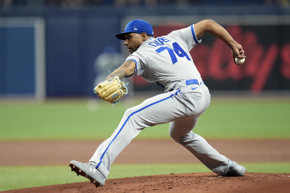 Kansas City Royals' Jose Cuas goes into his windup against the Tampa Bay Rays during the first inning of a baseball game Thursday, June 22, 2023, in St. Petersburg, Fla. (AP Photo/Chris O'Meara)