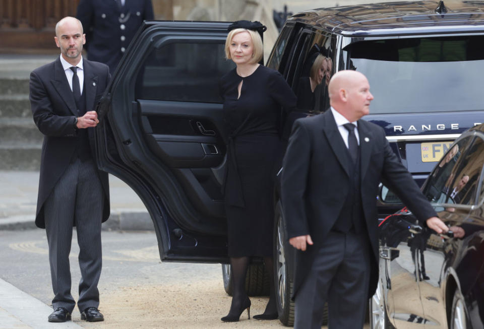 Prime Minister of The United Kingdom, Liz Truss arrives at Westminster Abbey.