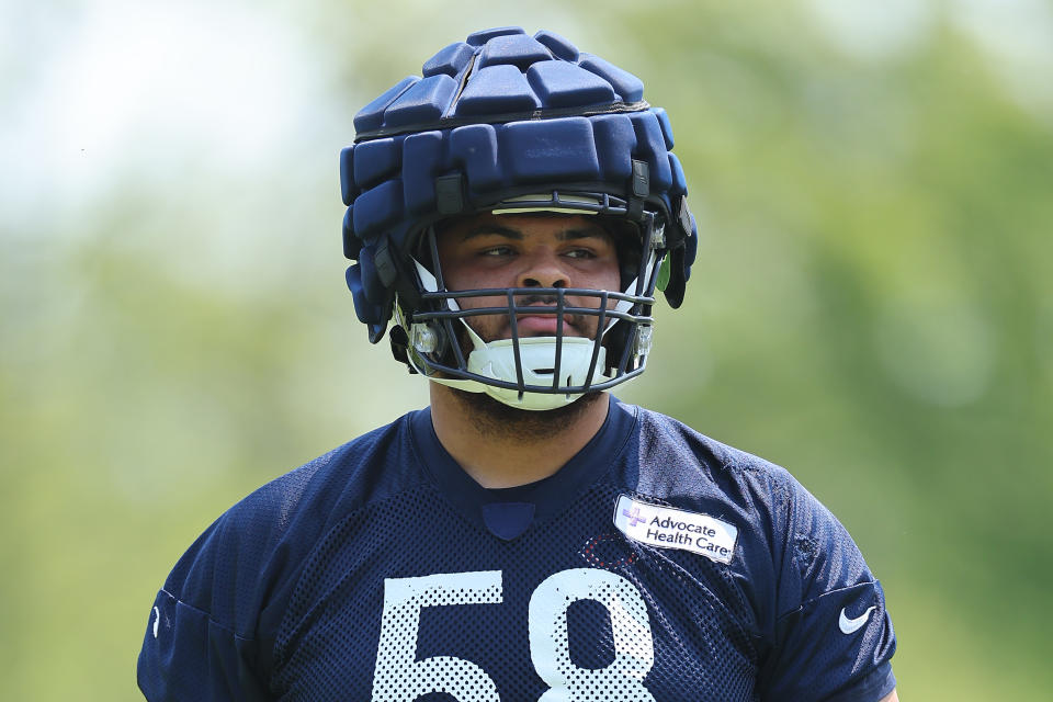 LAKE FOREST, ILLINOIS – MAY 23: Darnell Wright #58 of the Chicago Bears looks on during OTAs at Halas Hall on May 23, 2023 in Lake Forest, Illinois. (Photo by Michael Reaves/Getty Images)