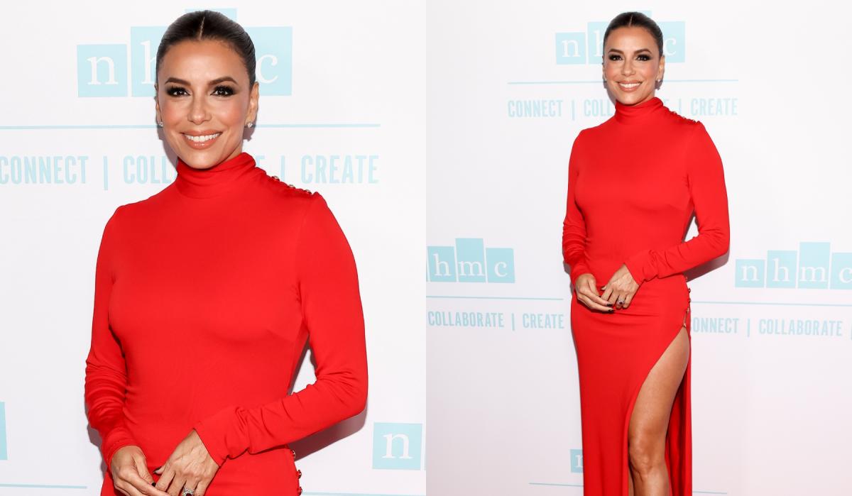 Eva Longoria Channels the Red Trend in Dundas Turtleneck Dress at National  Hispanic Media Coalition Impact Awards Gala in Los Angeles