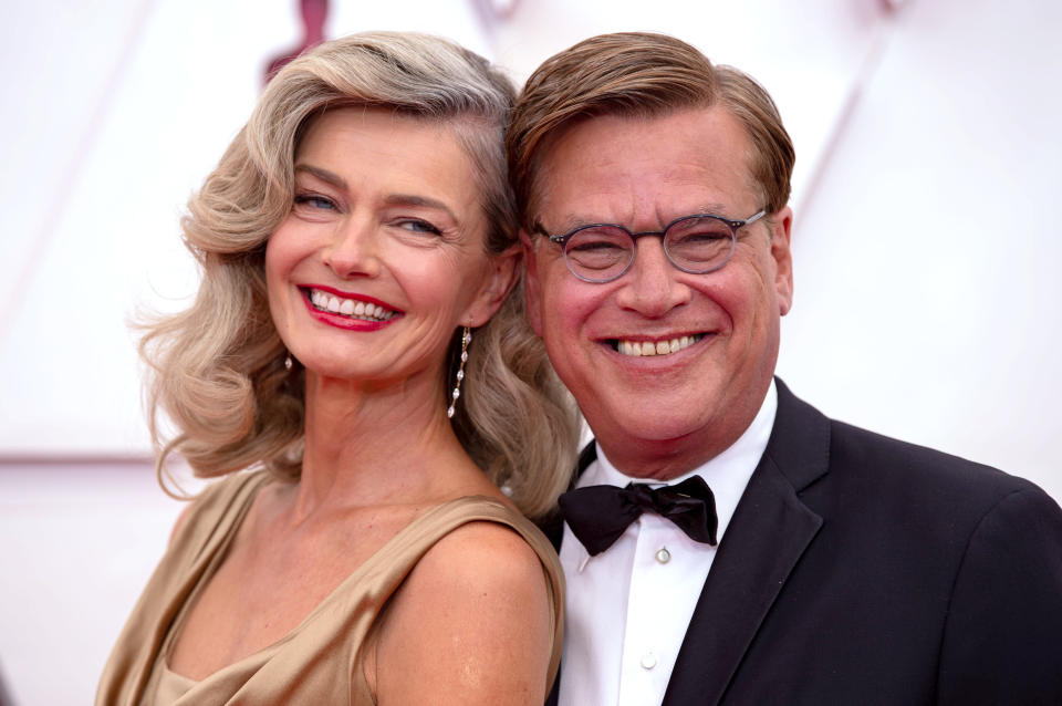 LOS ANGELES, CALIFORNIA – APRIL 25: (EDITORIAL USE ONLY) In this handout photo provided by A.M.P.A.S., (L-R) Paulina Porizkova and Aaron Sorkin attend the 93rd Annual Academy Awards at Union Station on April 25, 2021 in Los Angeles, California. (Photo by Matt Petit/A.M.P.A.S. via Getty Images)