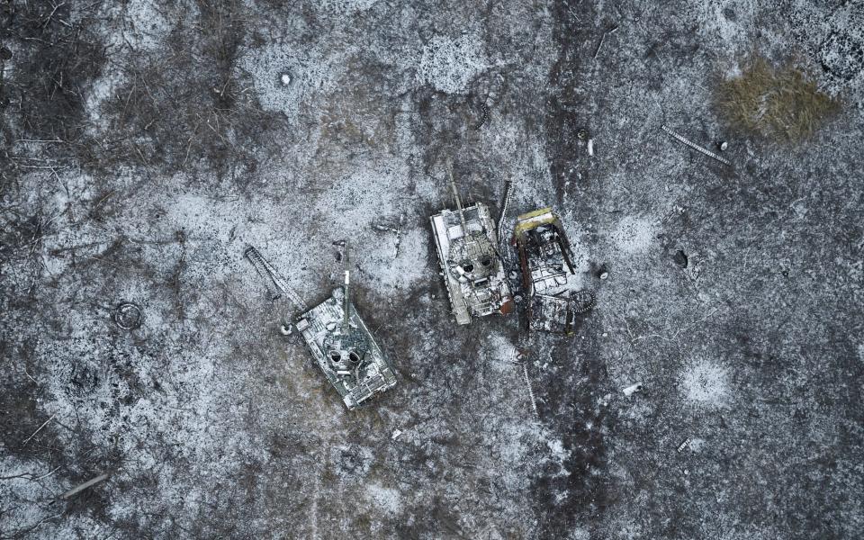 Damaged Russian armored vehicles at the entrance to Avdiivka, Ukraine