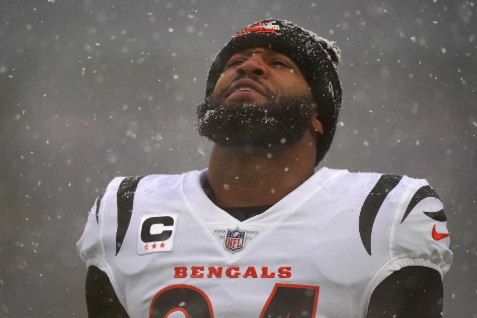 Cincinnati Bengals safety Vonn Bell (24) gets set for the national anthem before first quarter during an NFL divisional playoff football game between the Cincinnati Bengals and the Buffalo Bills, Sunday, Jan. 22, 2023, at Highmark Stadium in Orchard Park, N.Y. 