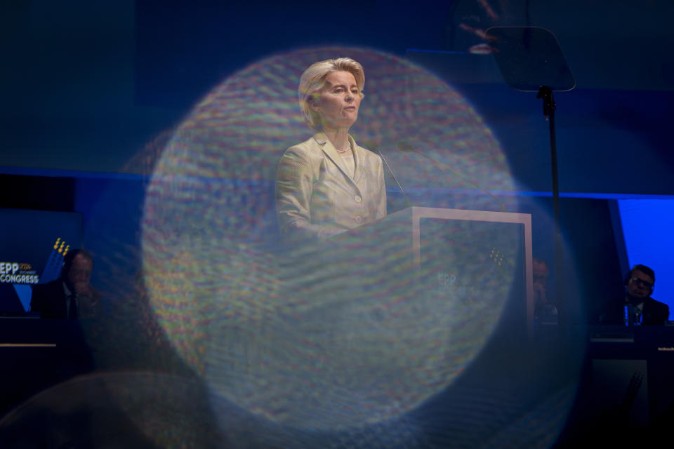 European Commission President Ursula von der Leyen addresses the EPP Congress in Bucharest, Romania, Thursday, March 7, 2024. The 2024 EPP Congress designated Germany's Ursula von der Leyen, who seeks a second term as head of the European Union's powerful Commission, as the party's lead candidate in the upcoming European elections. (AP Photo/Andreea Alexandru)